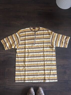 60s Hanes Men's Striped Quarter Zip Tee - Yellow Brown